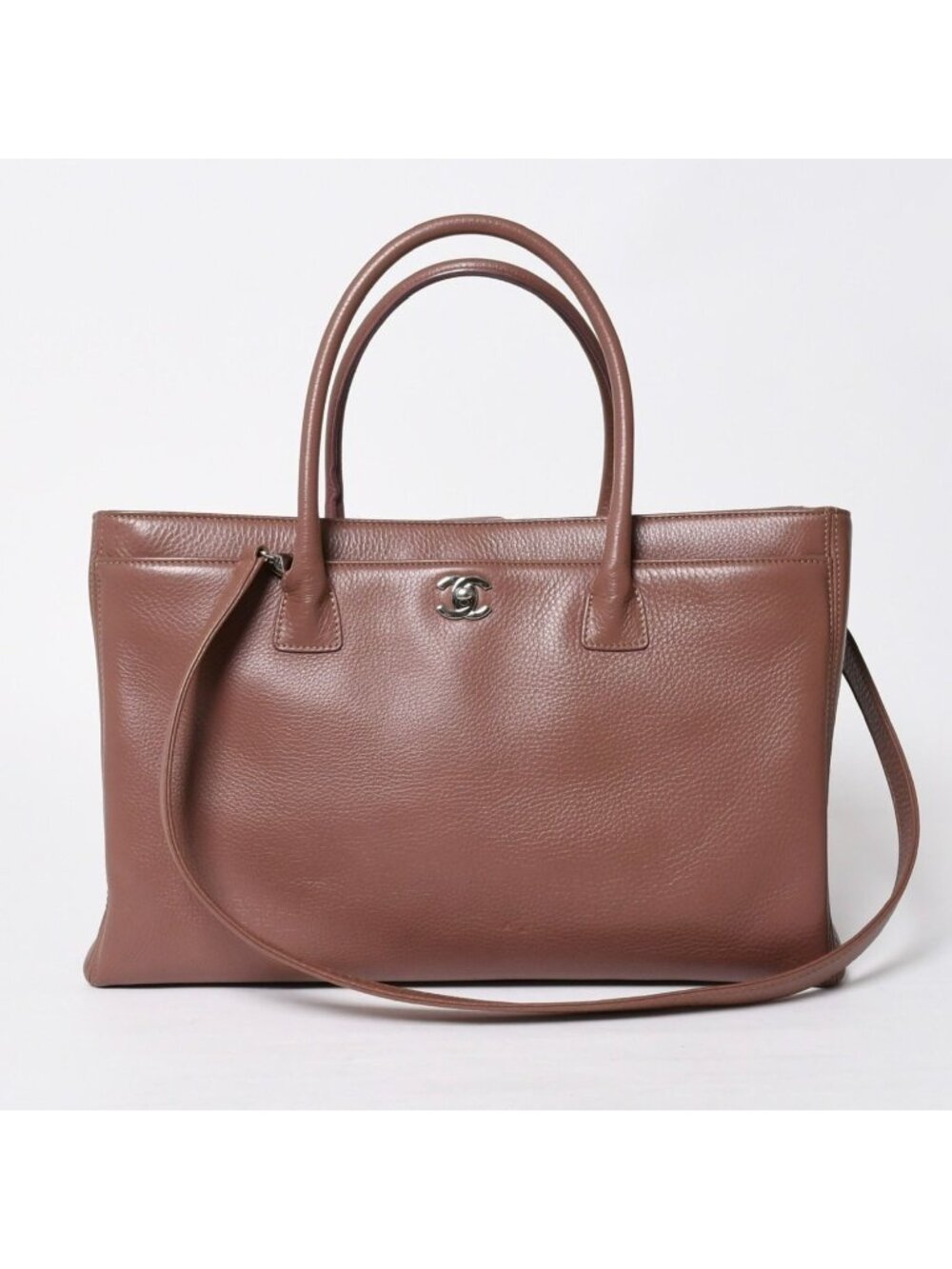 Chanel Executive Tote Bag Large CC Logo Caviar Leather Brown Silver